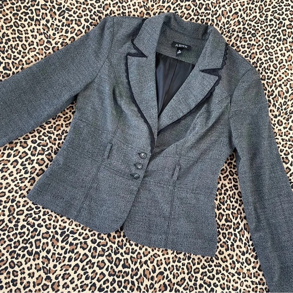 Vintage Blazer 90s Dark Acedamia A Byer Gray Scalloped Lace Trim Ruffle Career